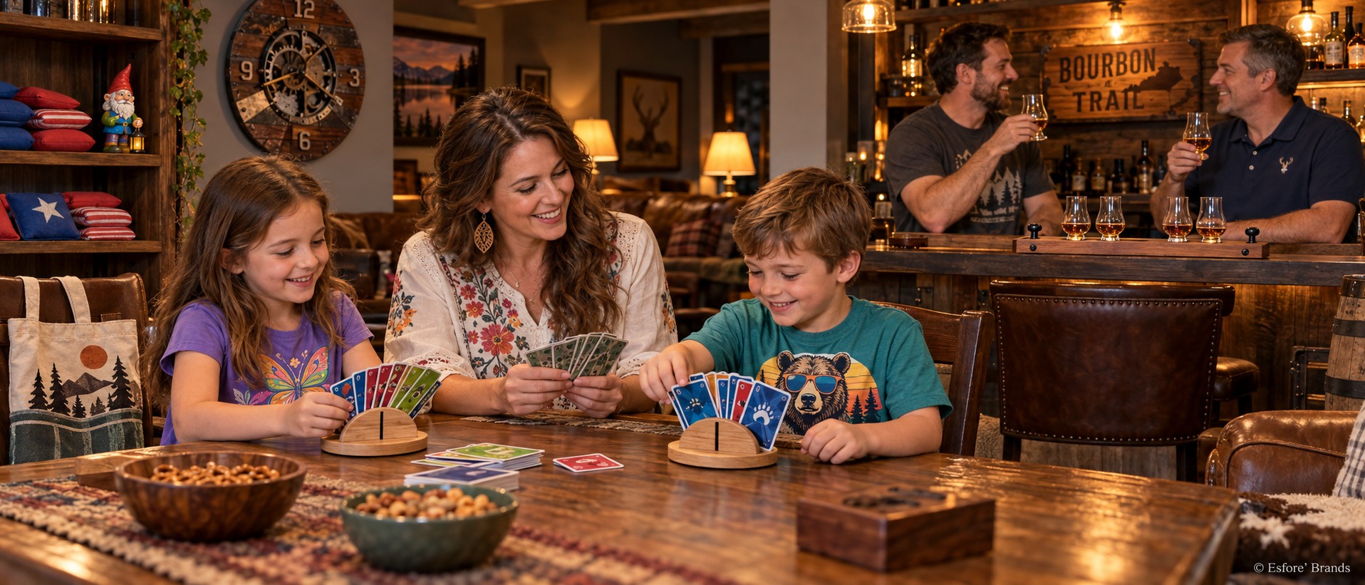 Illustrated family game night with Esfore' Brands creations