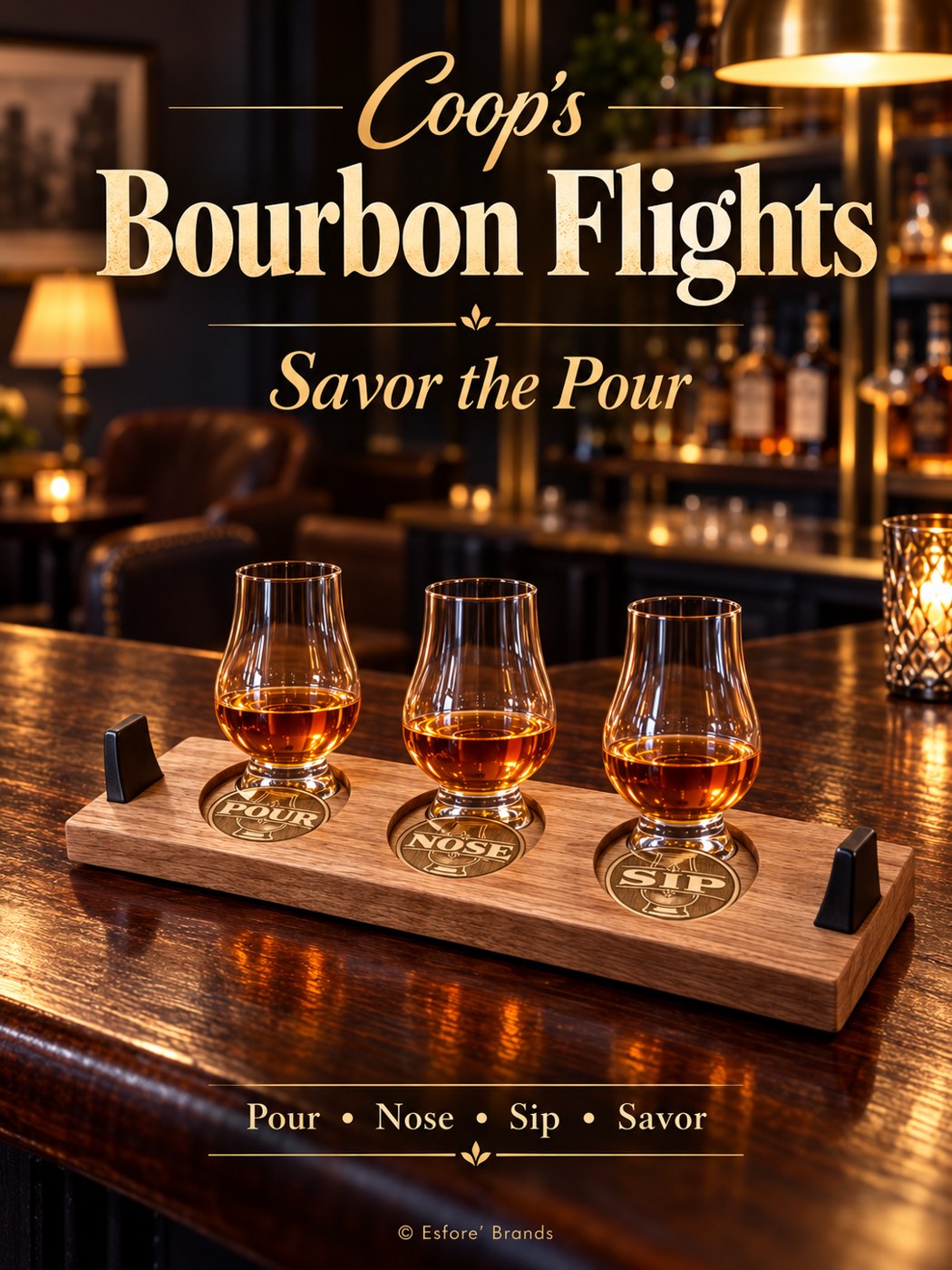 Bourbon flight board presented with three tasting glasses