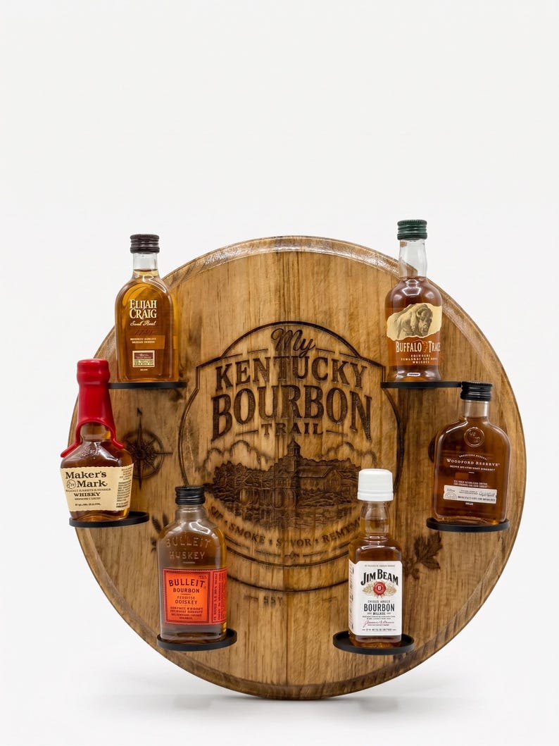 Round wooden My Kentucky Bourbon Journey wall plaque with shelves holding six mini bourbon bottles