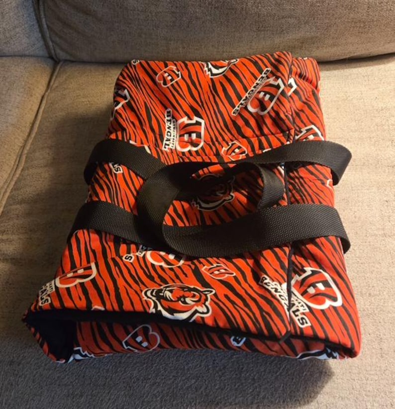 Handmade quilted insulated casserole dish carrier in Cincinnati Bengals fabric
