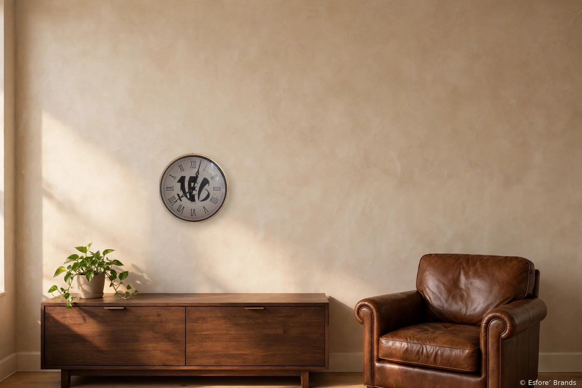 Bengals shadow logo upcycled wall clock with a stylized black B on the face, hanging in a den