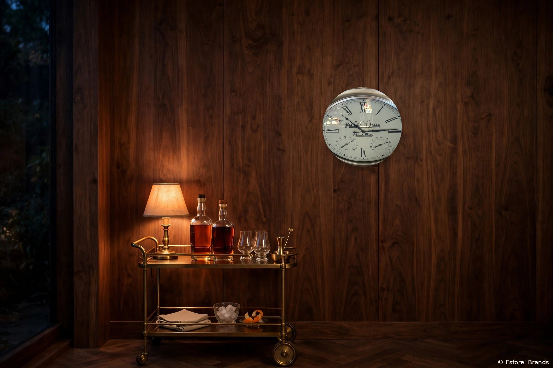 Cincinnati skyline upcycled wall clock with a wooden skyline silhouette on the face, hanging above a home bar