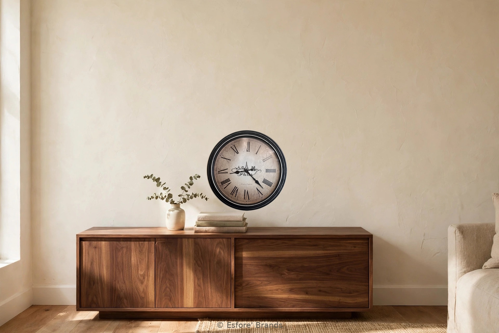 Paris upcycled wall clock with the Eiffel Tower and Paris skyline on the face, hanging in a living room