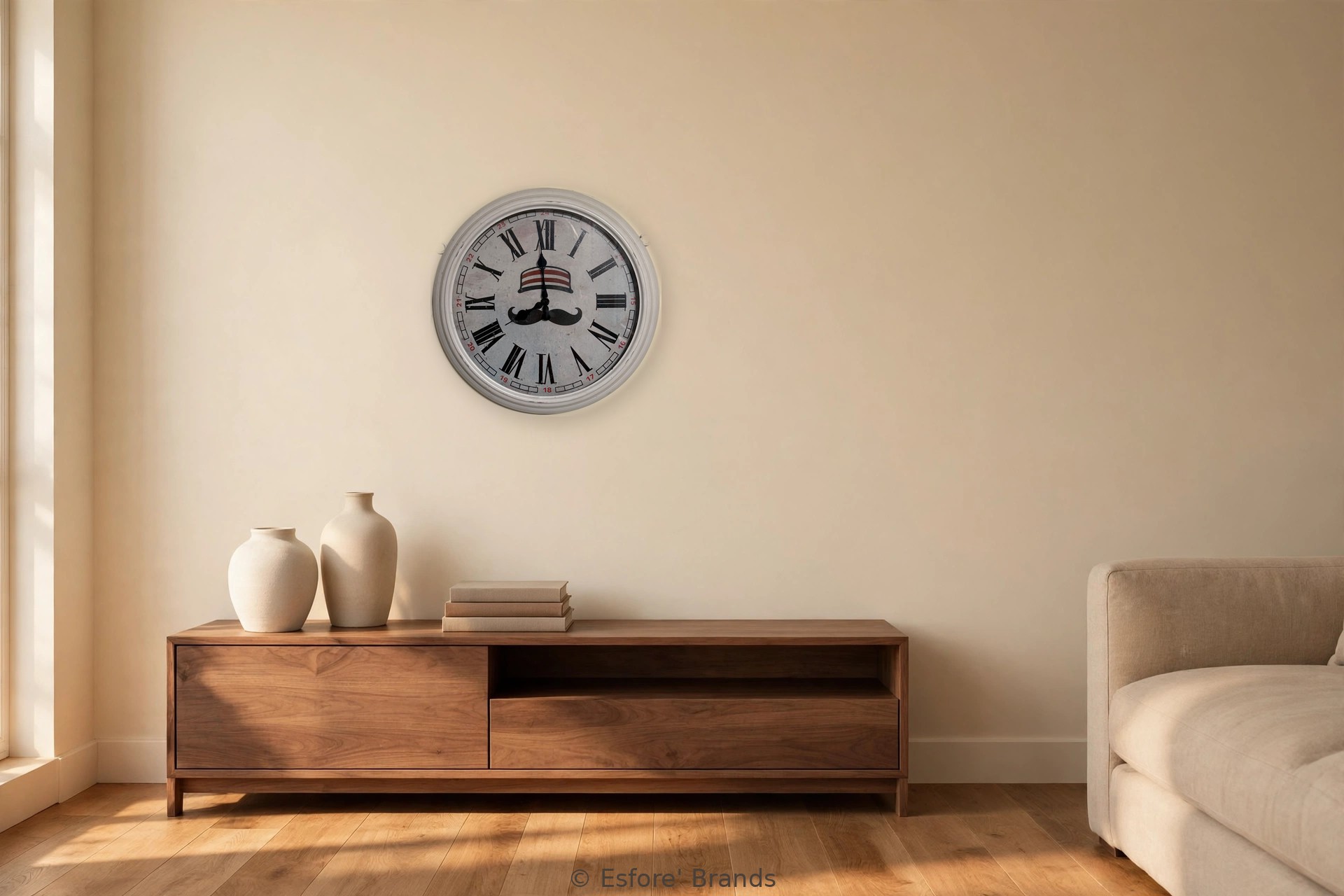 Rick's Reds baseball upcycled wall clock with a cap and mustache on the face, hanging in a living room