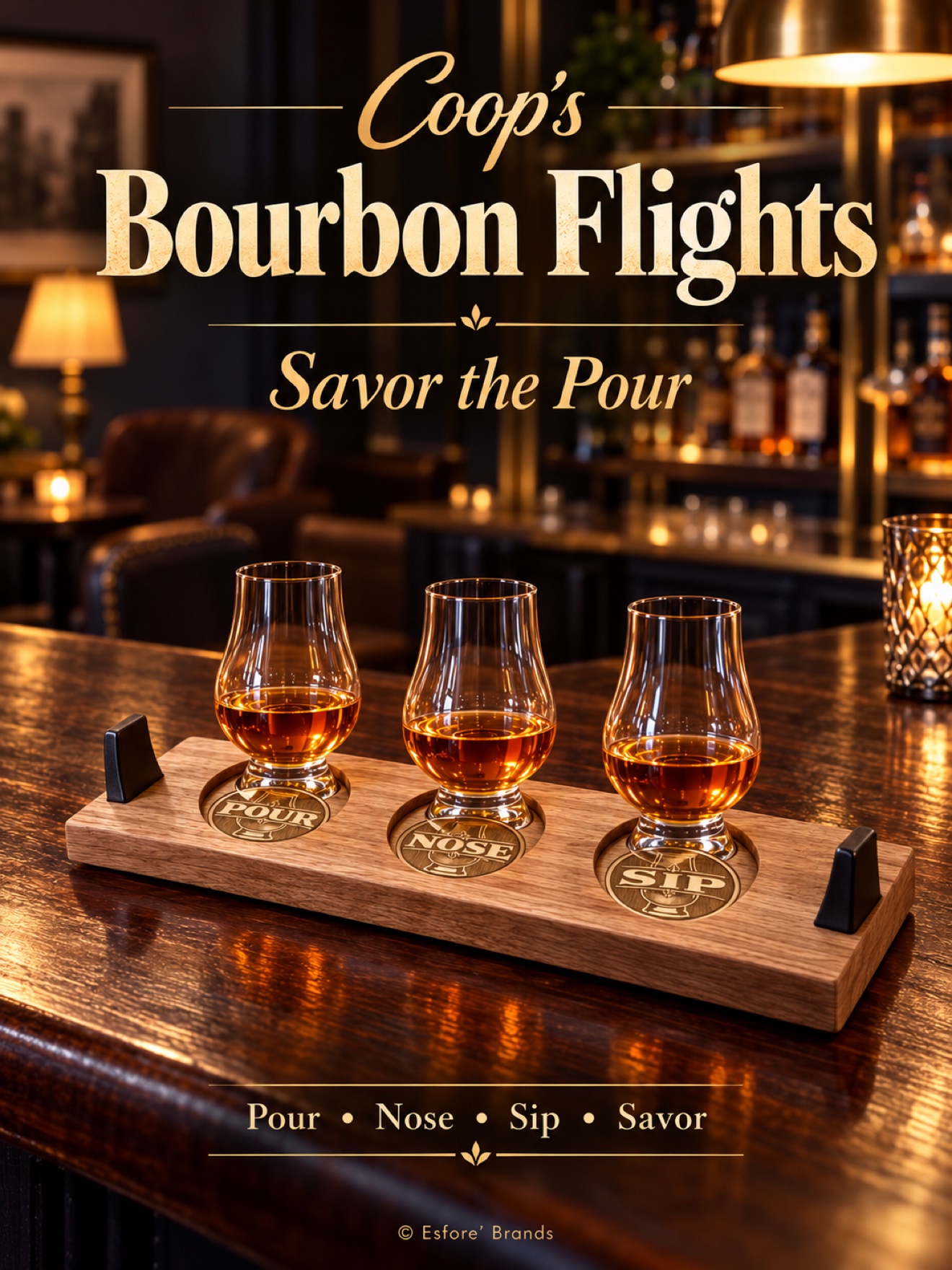 Red oak three-glass bourbon flight board with Glencairn glasses and POUR NOSE SIP chips