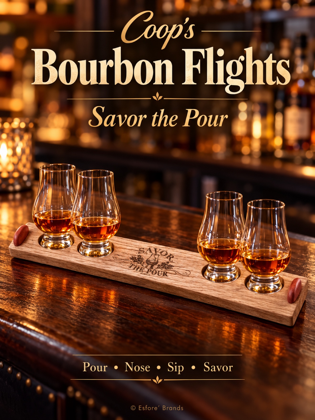 Red oak four-glass bourbon flight board with Glencairn glasses and Savor the Pour engraving