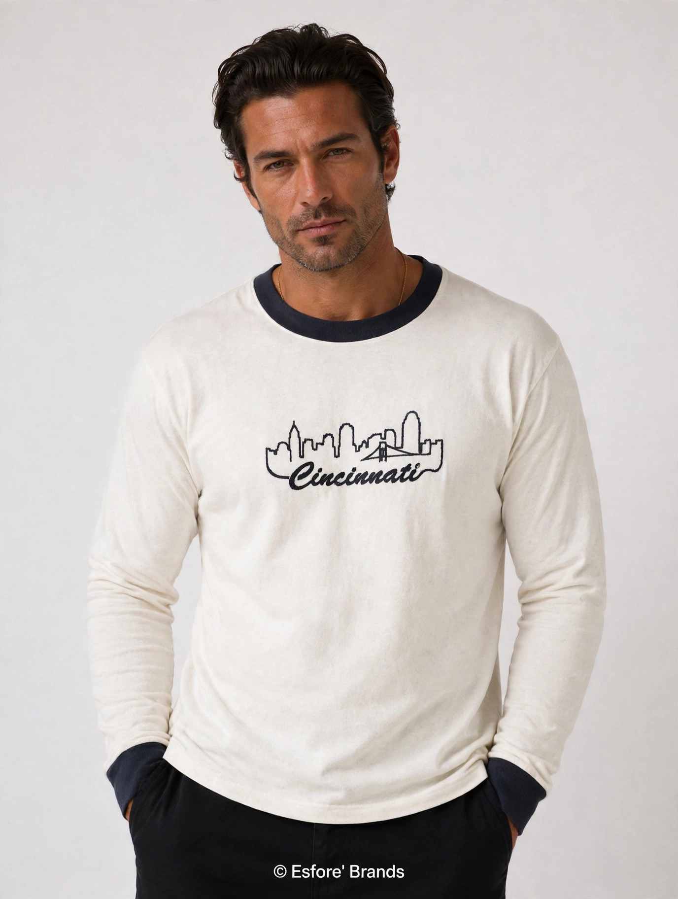 Model wearing the Cincinnati Skyline embroidered long sleeve T-shirt