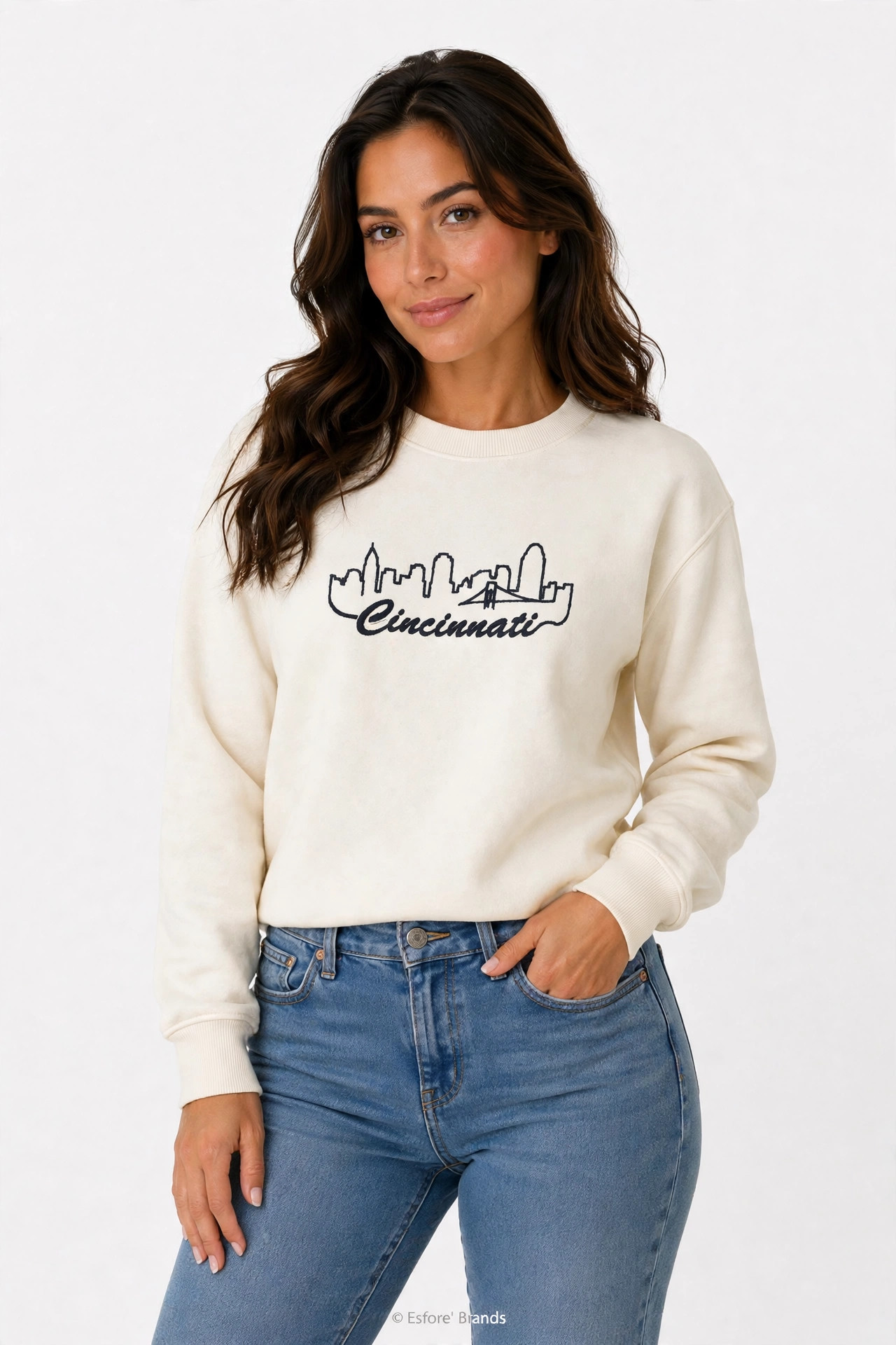 Model wearing the Cincinnati Skyline embroidered sweatshirt