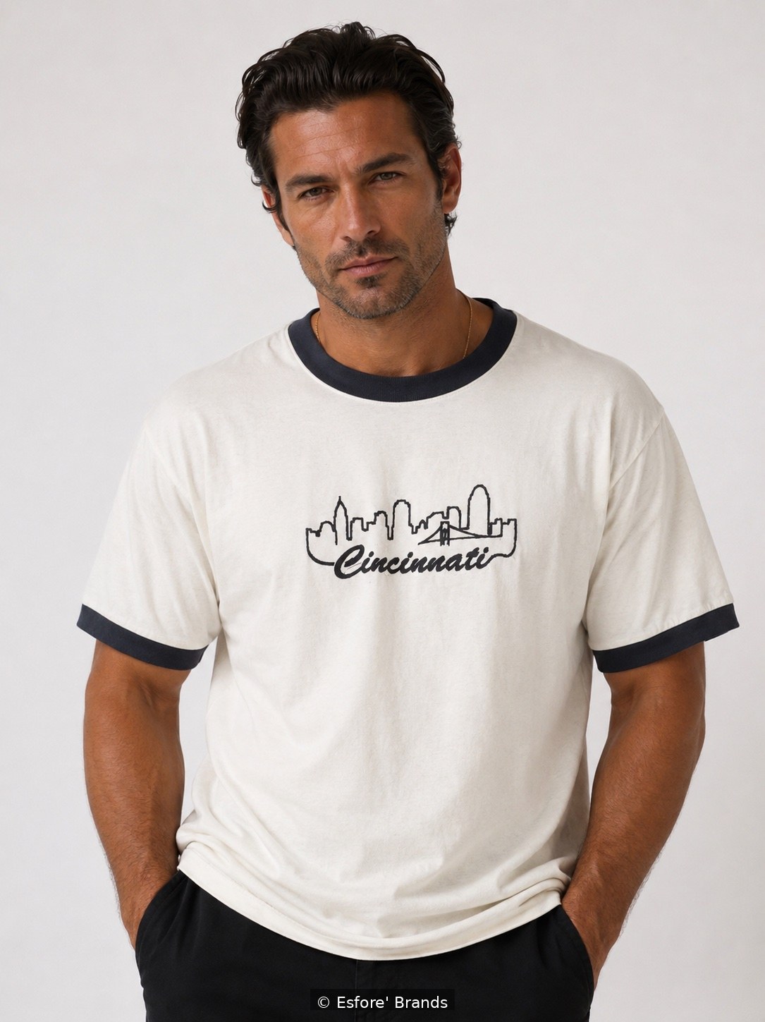 Model wearing the Cincinnati Skyline embroidered ringer T-shirt