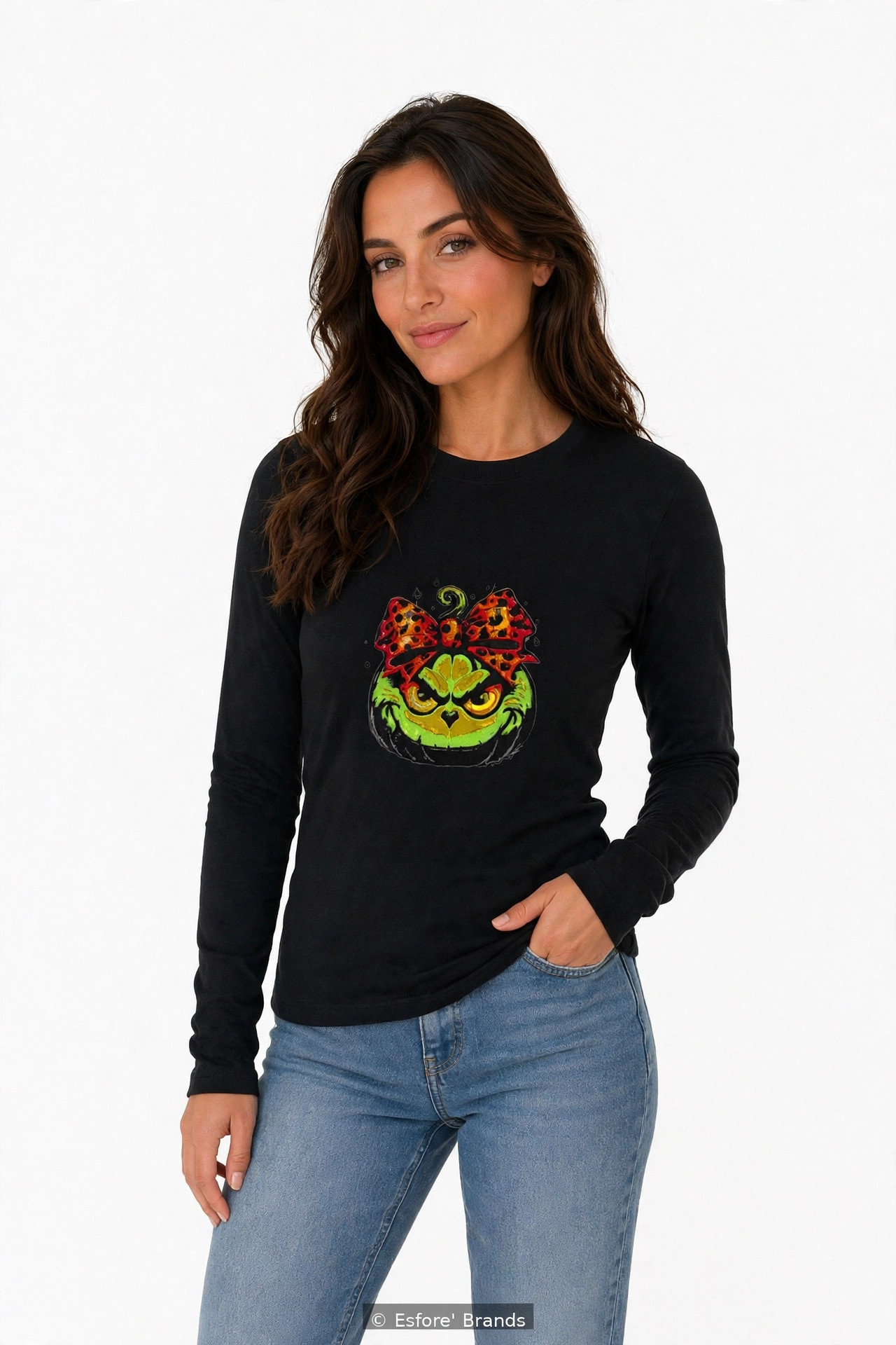 Model wearing the Grinch Pumpkin embroidered long sleeve T-shirt