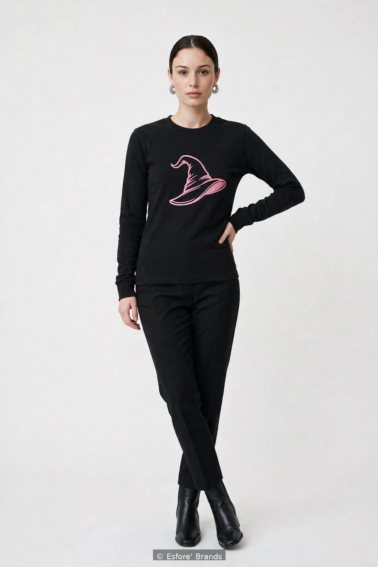 Model wearing the Pink Witch Hat embroidered long sleeve T-shirt
