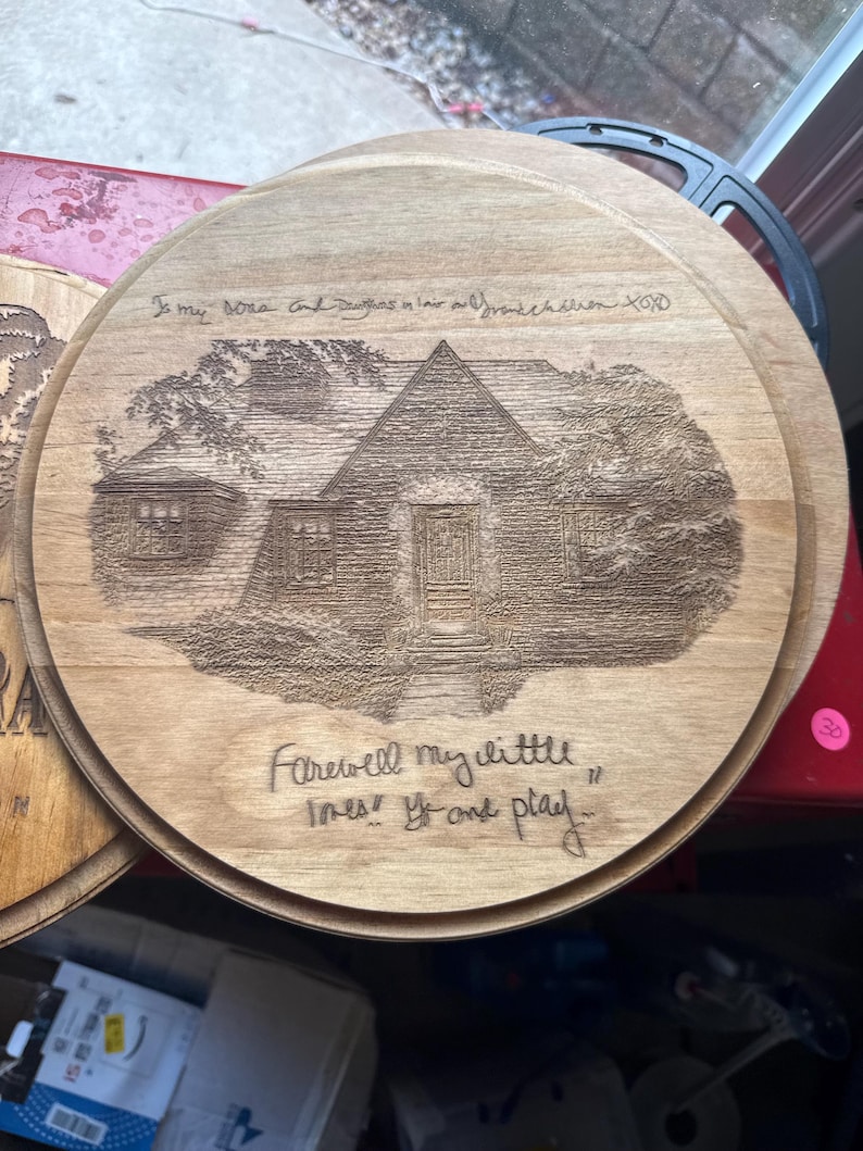 Acacia cutting board laser-engraved with a handwritten recipe keepsake