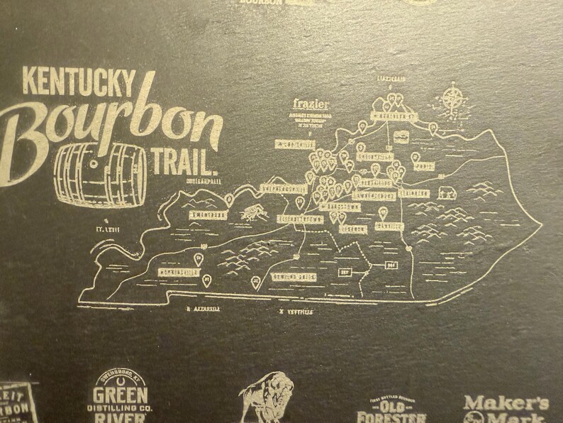 Laser-engraved slate serving tray with the Kentucky bourbon map and distilleries