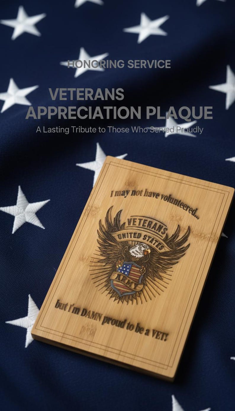 Laser-engraved bamboo Veterans Pride plaque with eagle and flag design